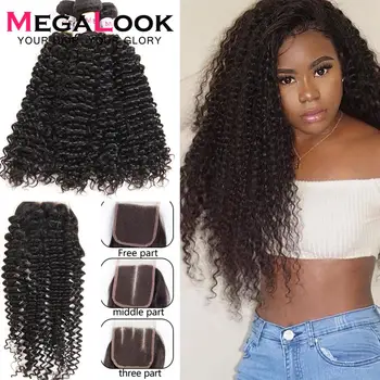 

Megalook Kinky Curly Lace Frontal with Bundles Peruvian Hair Bundles With Closure Remy Human Hair Bundles with Lace Frontal