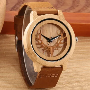 

Elk Head Wooden Skeleton Display Round Dial Wood Watch Men Brown Genuine Leather Quartz Wristwatch Mens Watches reloj