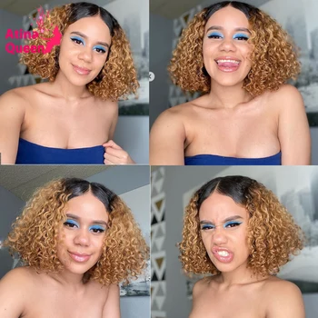 

Short Bob Pixie Cut Wig Ombre Colored 13x6 Water Wave Lace Front Wig Preplucked Remy Honey Blonde HD Lace frontal Wig For Women