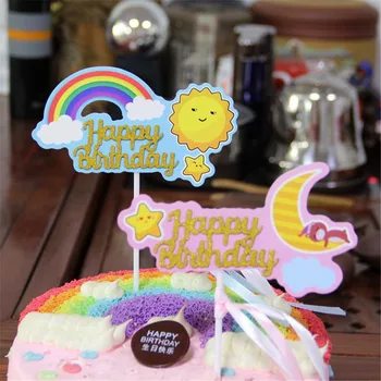 

CRLEY 12pcs Paper Gillter Rainbow LGBT Party Cake Toppers Baby Shower Novelty Summer Sun Moon Happy Birthday Cake Flags