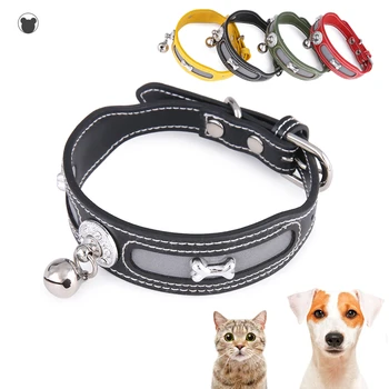 

PU Leather Cat Dog Collar Personality Bone Mark Cat Dog Pet Reflective Bell Collar Pet Supplies 2020 NEW Black Rivet Collars
