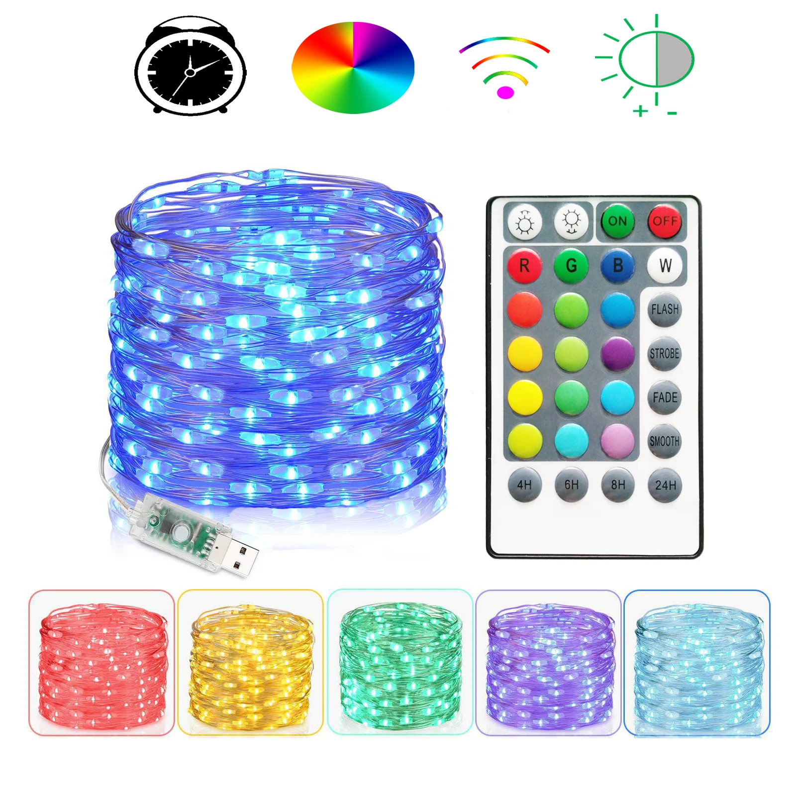 

Fairy LED String Lights 10m USB Powered 16 Colors Changing RGB Colorful 12 Models Silver Wire Rope Lights with 28 key Remote