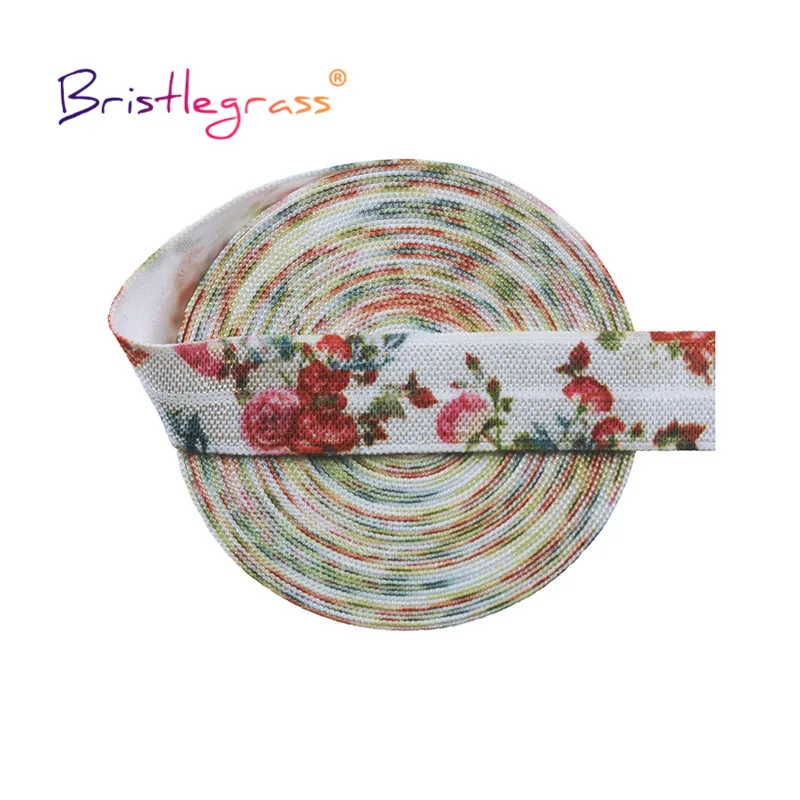 BRISTLEGRASS 2 5 10 Yard 5/8" 15mm Rainbow Rose Flower Floral Print Fold Over Elastic FOE Spandex Band Tape Hair Tie Sewing Trim