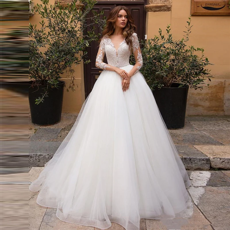 

Verngo A-line Wedding Dress Lace Appliques Wedding Dress With Sleeves Elegant Bride Dress Ivory / White Weeding Gowns