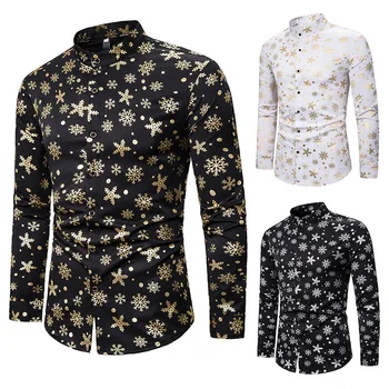 

Christmas men's Henry collar snowflake stamping slim long sleeve shirt