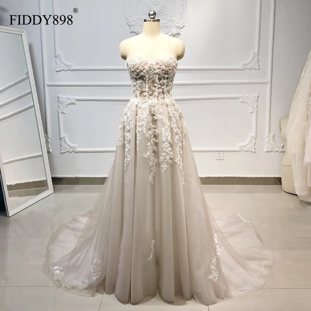 Boho Wedding Dress Long Strapless Tulle A-Line Crystal Pearls Beaded Lace Bridal Gown Beach Wedding Gown Vestido de Novia 2020 Boho Wedding Dress Long Strapless Tulle A-Line Crystal Pearls Beaded Lace Bridal Gown Beach Wedding Gown Vestido de Novia 2020