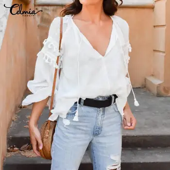 

Elegant Work Party Blouses Women 2020 Celmia Solid Sexy V-Neck Pleated Shirt Long Sleeve Tassel Ruffles Tops Casual Blusas Mujer