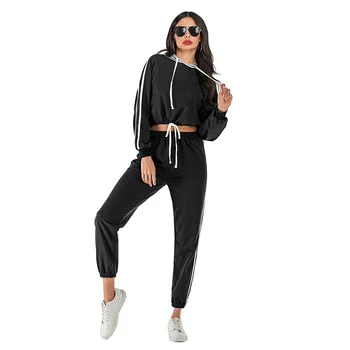 

Tracksuit 2pcs Women Set Hoodies Crop Top Sweatshirt+Side Stripe Pants Hooded 2 Pieces Sets Women Autumn Clothing Suits Female