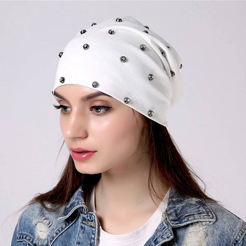 Geebro Women Fashion Cotton Skullies Beanies Girls With Rhinestones Accessories Hats Female Lady Knitted Solid Color Soft Caps 5