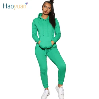 

HAOYUAN Casual Two Piece Set Tracksuit Women Spring 2020 Clothes Hooded Top and Pant Sweat Suits 2 Piece Outfits Matching Sets
