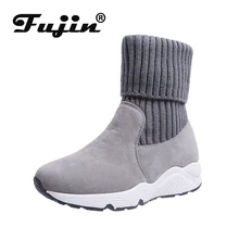 Fujin/женские ботинки с переворачивающимся краем; плюшевые теплые вязаные носки; растягивающиеся меховые ботиночки на платформе; зимние сапоги для женщин