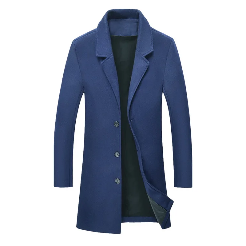 Men Fashion Luxury Double Breasted Woolen Coat New Men Notched Collar Solid Color Long Dust Coats Slim Fit Casual Overcoats - Цвет: Тёмно-синий