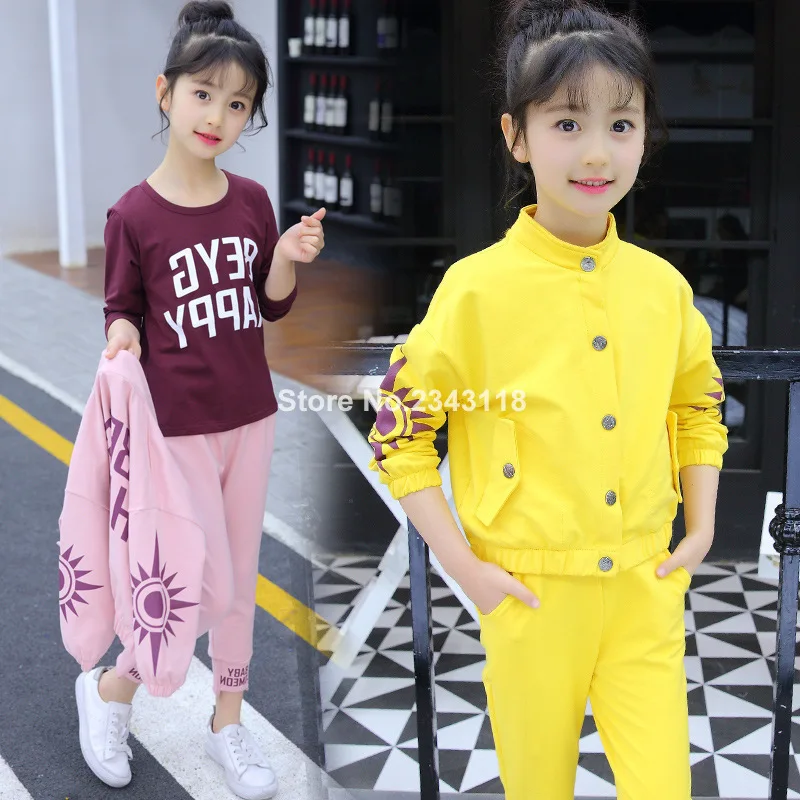 

2019Girls' Clothes Autumn Coat +t Shirt +pant 3 PC Suits New Kids Suits for Girls' Sports Suits Yellow and Pink Color 3-12 Ages