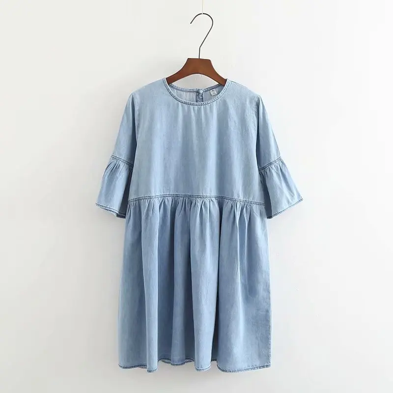 

Summer New Style Hipster Solid Color Doll Models Denim Skirt Women's Flounced Bell Sleeve Loose-Fit Dress S27731