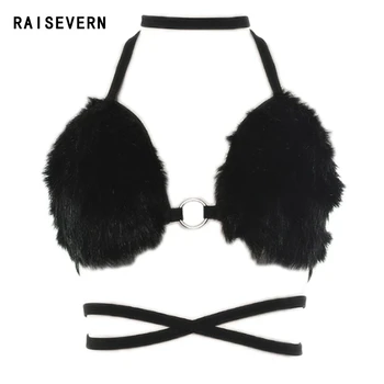 

Women Sexy Fluffy Bustier Crop Top Halter Lace-up Bikini Bra Deep V-Neck Velvet Backless Cross Strap Bralette Clubwear Dropship