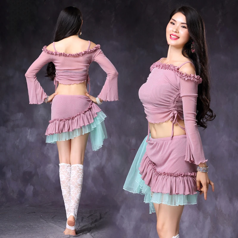 Pink Top Skirt Набор костюма для танца живота 2 шт костюм черный топ хип шарф юбка для практики женский Египетский танец одежда Племенной Восточный танец живота 1284 - Цвет: Pink Top Skirt