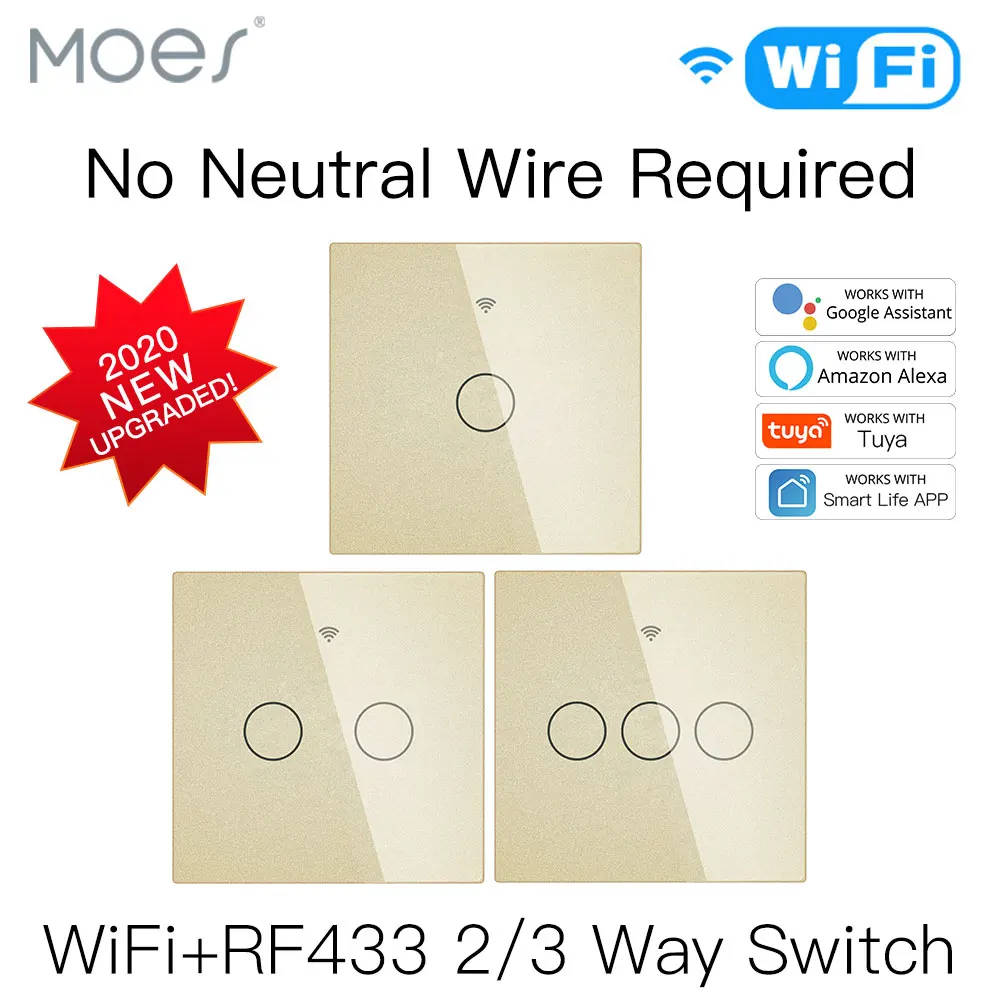 

NEW WiFi Smart Light Switch RF433 No Neutral Wire Single Fire Smart Life Tuya App Control Works with Alexa Google Home 220V EU