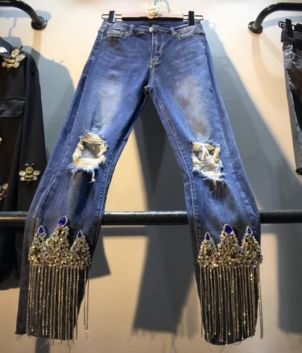 Синие женские джинсовые брюки с бахромой и стразами, тяжелый Алмазный бисер, высокая талия, тонкие с разрезами женские джинсовые брюки - Цвет: Dark Blue