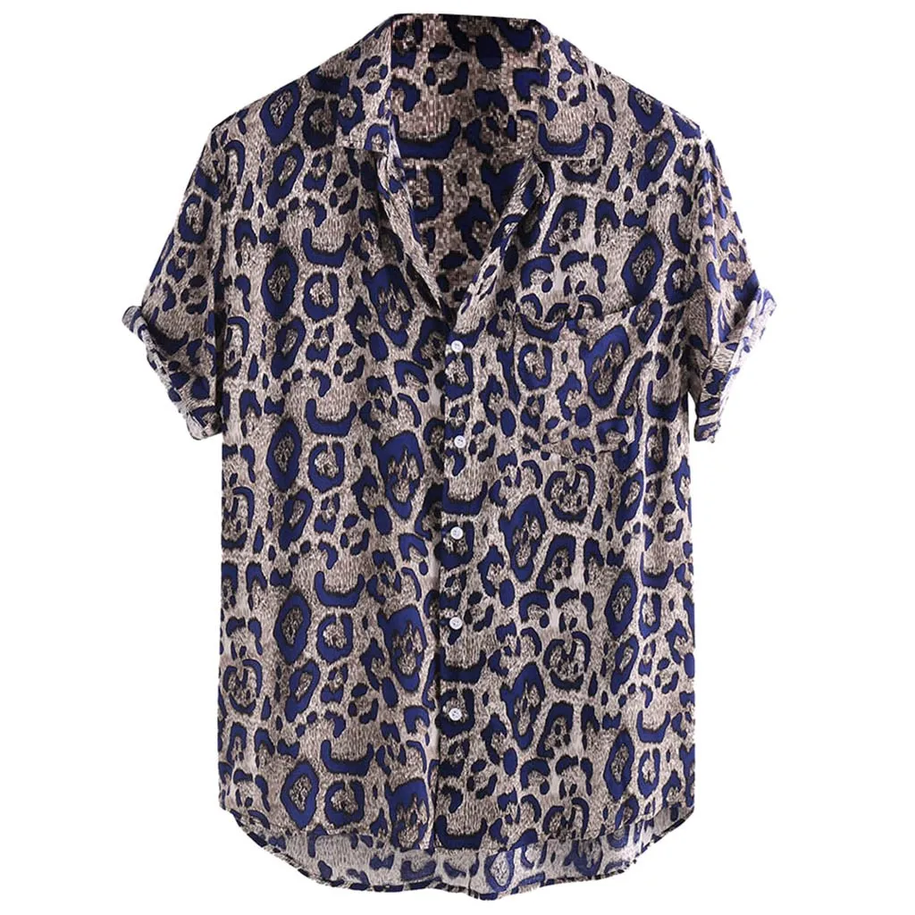 Мужская модная рубашка с леопардовым принтом, нагрудный карман, отложной воротник, короткий рукав, повседневная Осенняя Свободная рубашка, топ, блузка, новинка