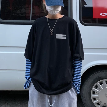 

Korean Style Fashion Loose Clothing Base Shirt Fake Two-Piece Streetwear Fashion Stripe Pattern T-shirt