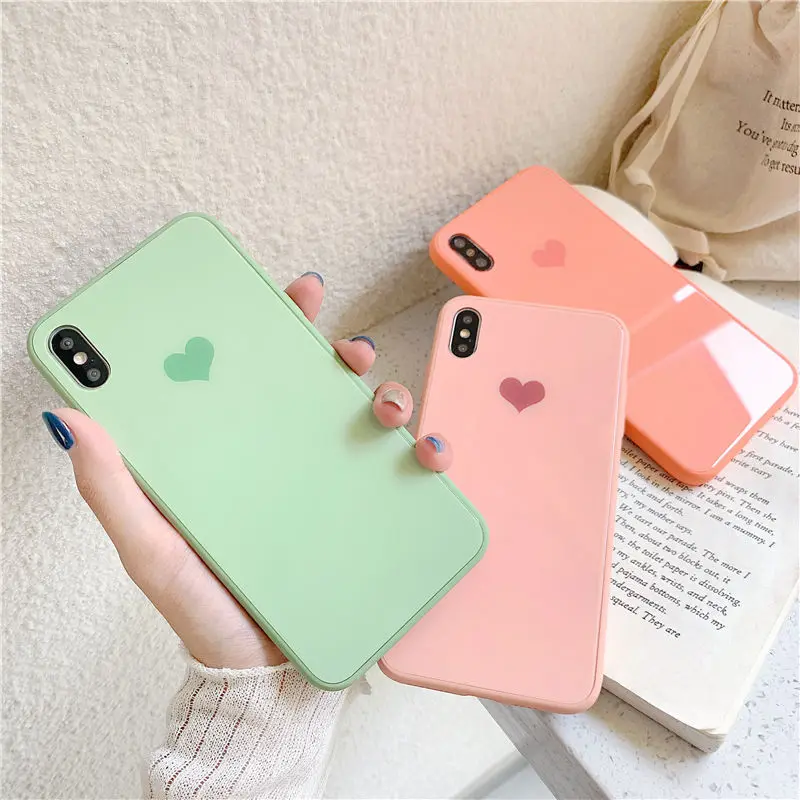 

Cute Love Heart Pattern Glass Cases For iPhone XR XS Max X 7 8 Plus 6 6S Plus Liquid Silicone Bumper Full Protective Back Cover