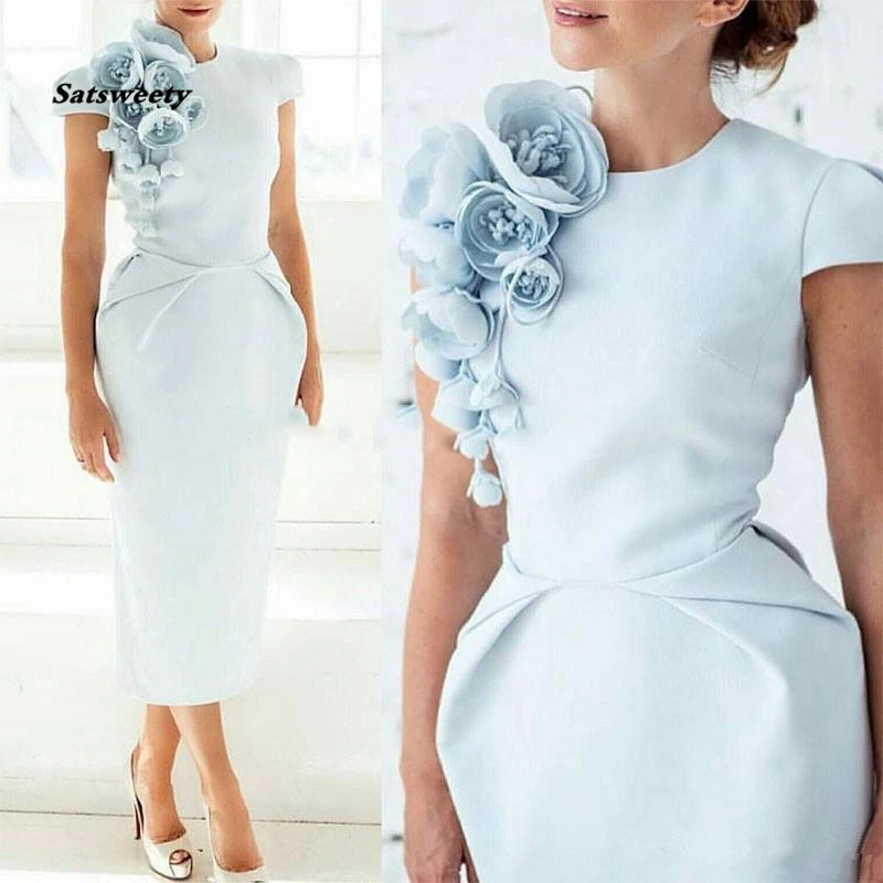 

Elegant Formal Prom Dresses with Hand Made Flower Pageant Capped Short Sleeve 2019 Tea-Length Prom Party Cocktail Gown