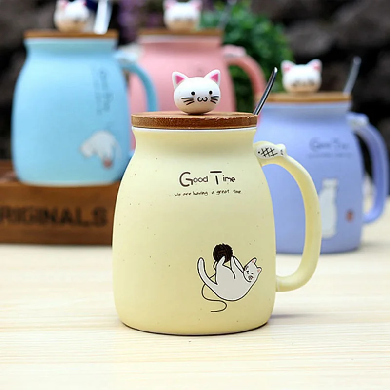 ELEG-новинка, термостойкая чашка с изображением кунжута кота, цветная мультяшная чашка с крышкой, керамическая кружка с изображением котенка, молока, кофе, детская чашка, офисные подарки