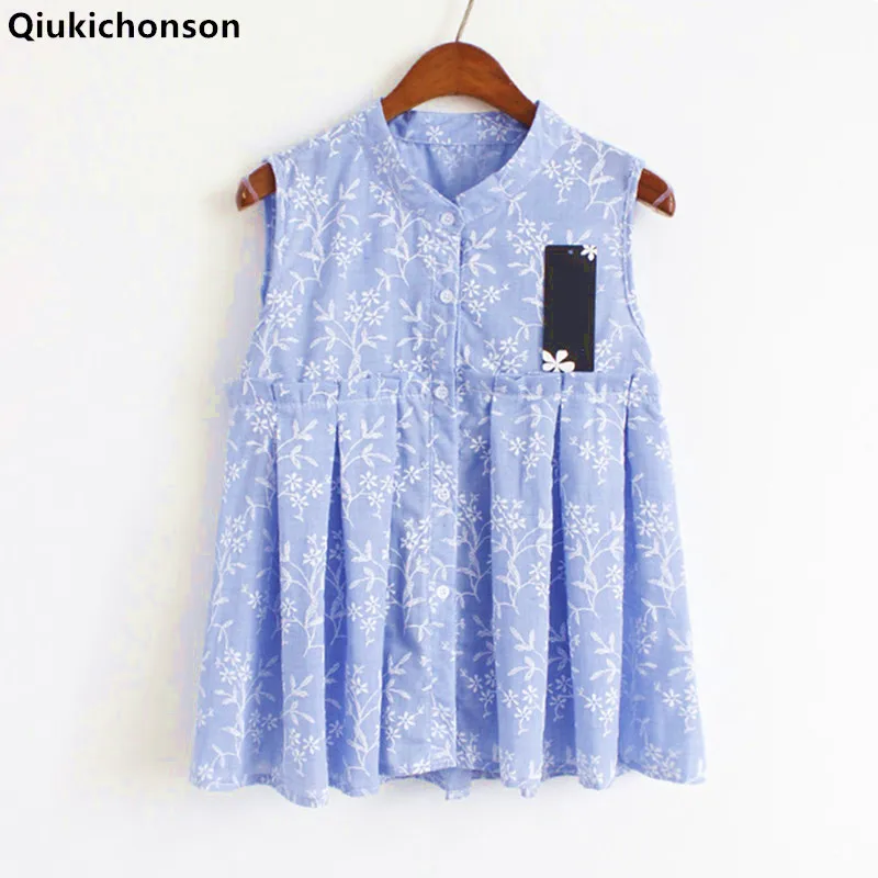 Qiukichonson Kawaii хлопковая блузка с цветочным принтом без рукавов лето 2018 топы для