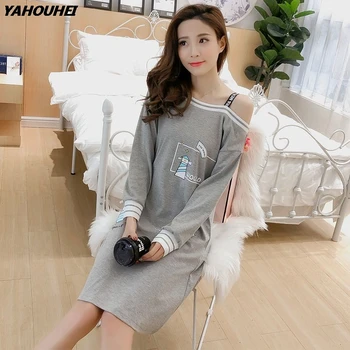 

100% Cotton Girls Fashion Nightgown For Women 2019 Autumn Long Sleeve Home Dress Cartoon Night Dress Female Sleepwear Nightdress