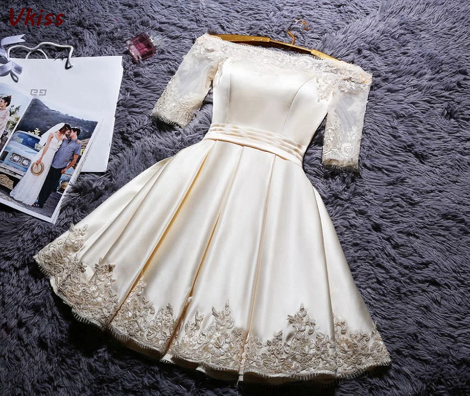 

2020 Ivory Off Shoulder Homecoming Dress Boat Neck Half Sleeves Cocktail Dresses Satin Elegant Women Graduation Short Prom Gowns