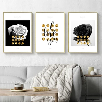

Modern Nordic Black White Gold Abstract Flower In Blossom Poster Canvas Art Print Wall Pictures Painting Home Living Room Decor