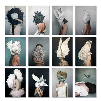 

Flowers Feathers Woman Abstract Canvas Painting Wall Art Print Poster Picture Decorative Painting Living Room Home Decoration