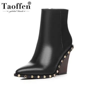 

Taoffen Real Leather Sexy Women Retro Winter Ankle Boots Pointed Toe Zipper Comfort Hot Office Shoes Woman Size 34-40