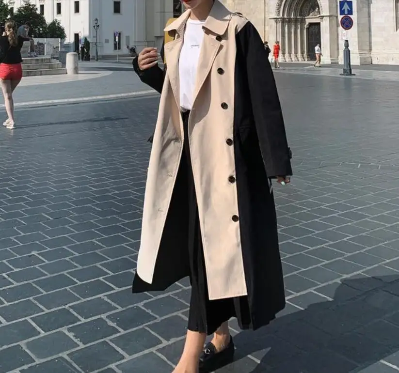 double-breasted color block patchwork windbreaker long coat women's medium and long trench korean trend elegant top khaki black minimalist black white color block acetic acid grab clip medium size elegant temperament hair clip for women s hair accessories