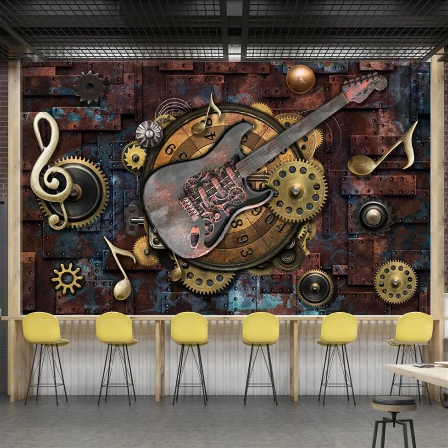 

Drop Shipping Custom Wallpaper Large 3d Mural Retro Metal Musical Notes Guitar Bar Background Wall Living Room Cafe 3d Wallpaper