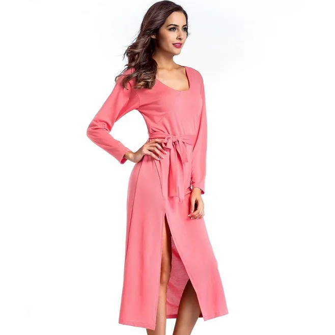 

Europe And America 2018 Spring And Summer New Style Low-Cut Knit Loose-Fit Slit Speed Waist Dress