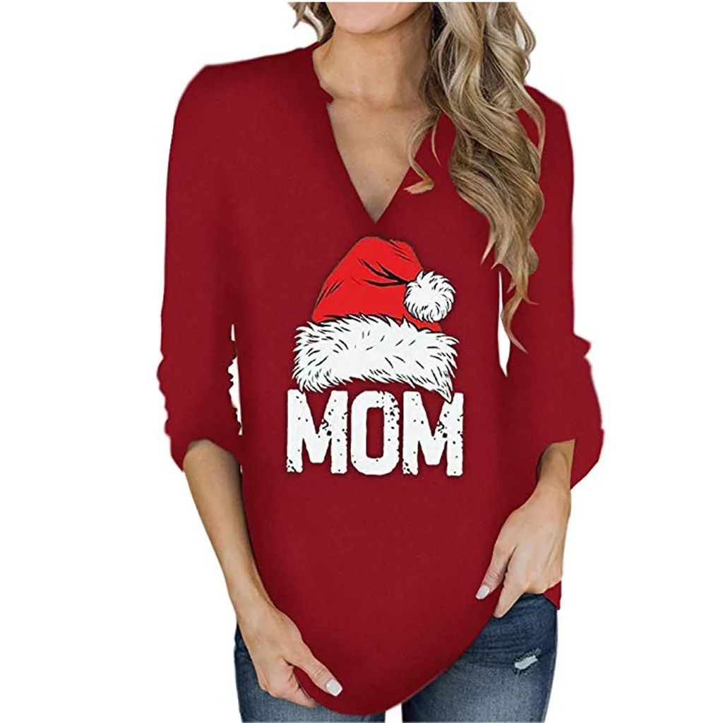 Blusas mujer de fashion модные рождественские Женские 3/4 топы с отворачивающимися рукавами и v-образным вырезом, повседневные Элегантные блузки осень