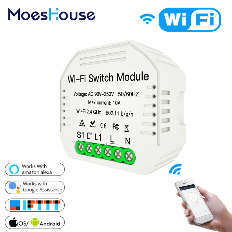 

2 Way Wifi Smart Light Switch Module Diy Relay Smart Life/Tuya APP Wireless Remote Voice Control Works with Alexa Google Home