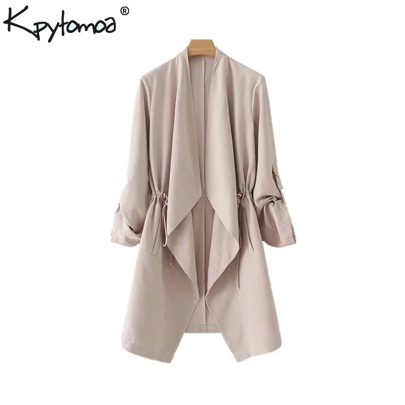 

Vintage Stylish Open Stitch Solid Trench Coat Women 2020 Fashion V Neck Long Sleeve Drawstring Outerwear Casual Ropa Mujer