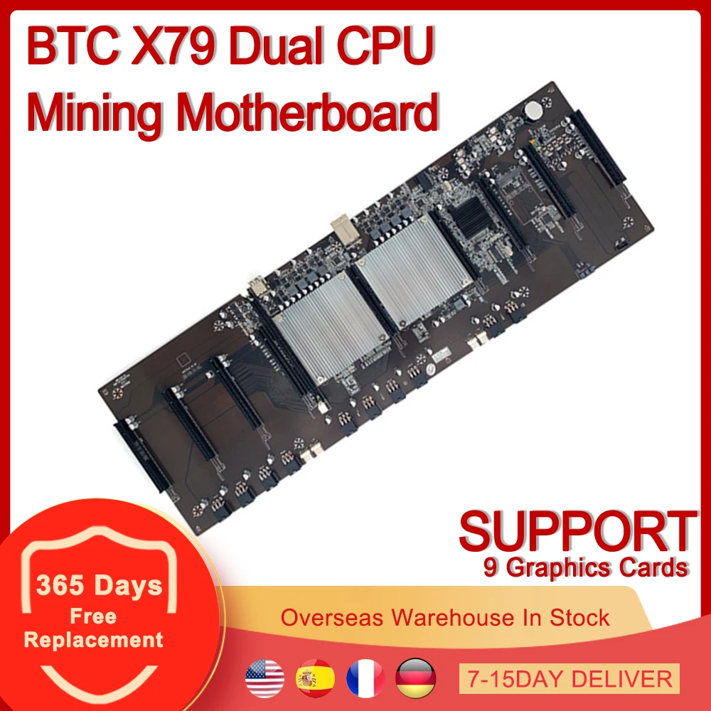 BTC X79 Dual CPU Mining Motherboard 9 PCIE X16 DDR3 LGA 2011 Spacing 65mm  for Bitcoin BTC ETH GPU Graphics Card Miner