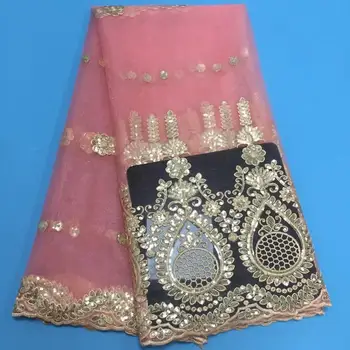

Rose Gold Pink Sequins French Nigerian Lace Fabric High Quality Tulle African Laces Fabric Wedding African French Tulle Lace