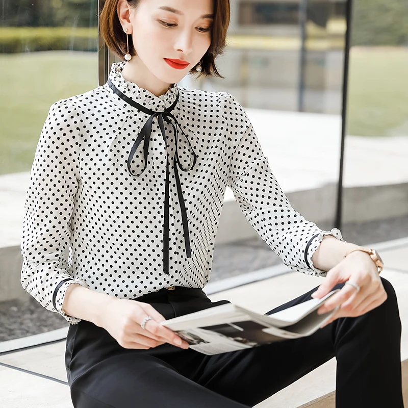 Lenshin Свободная рубашка в горошек с галстуком, дышащая мягкая блузка с воротником Stadn, женская одежда, повседневный стиль, офисные женские топы