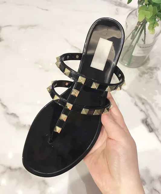 Summer Beach Sandals Woman Flip Flops PVC Slides Female Sandals Rivet Bowknot Slip on Flat with Women Studs Slippers Jelly Shoes black