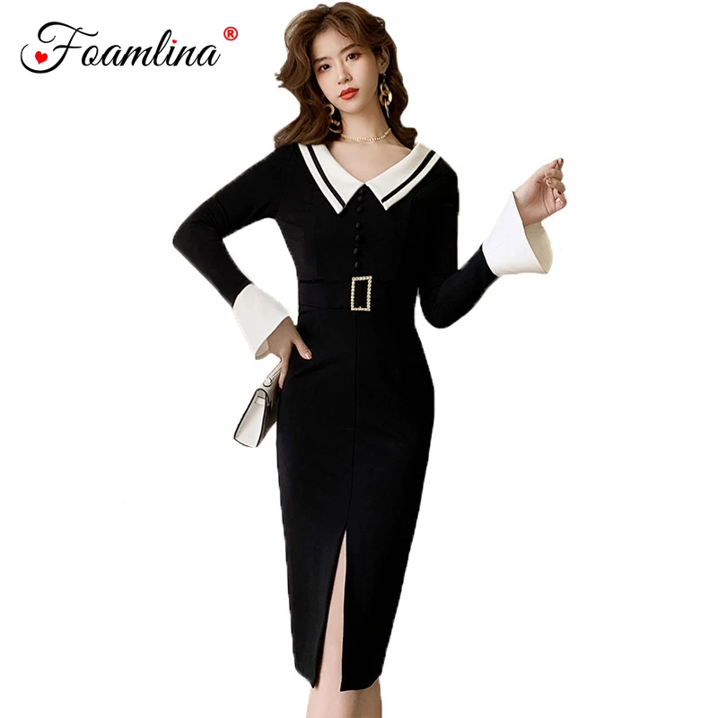 Foamlina, винтажное женское платье, корейская мода, весна, цветной блок, v-образный вырез, длинный рукав-фонарик, передний разрез, повседневное женское платье для работы