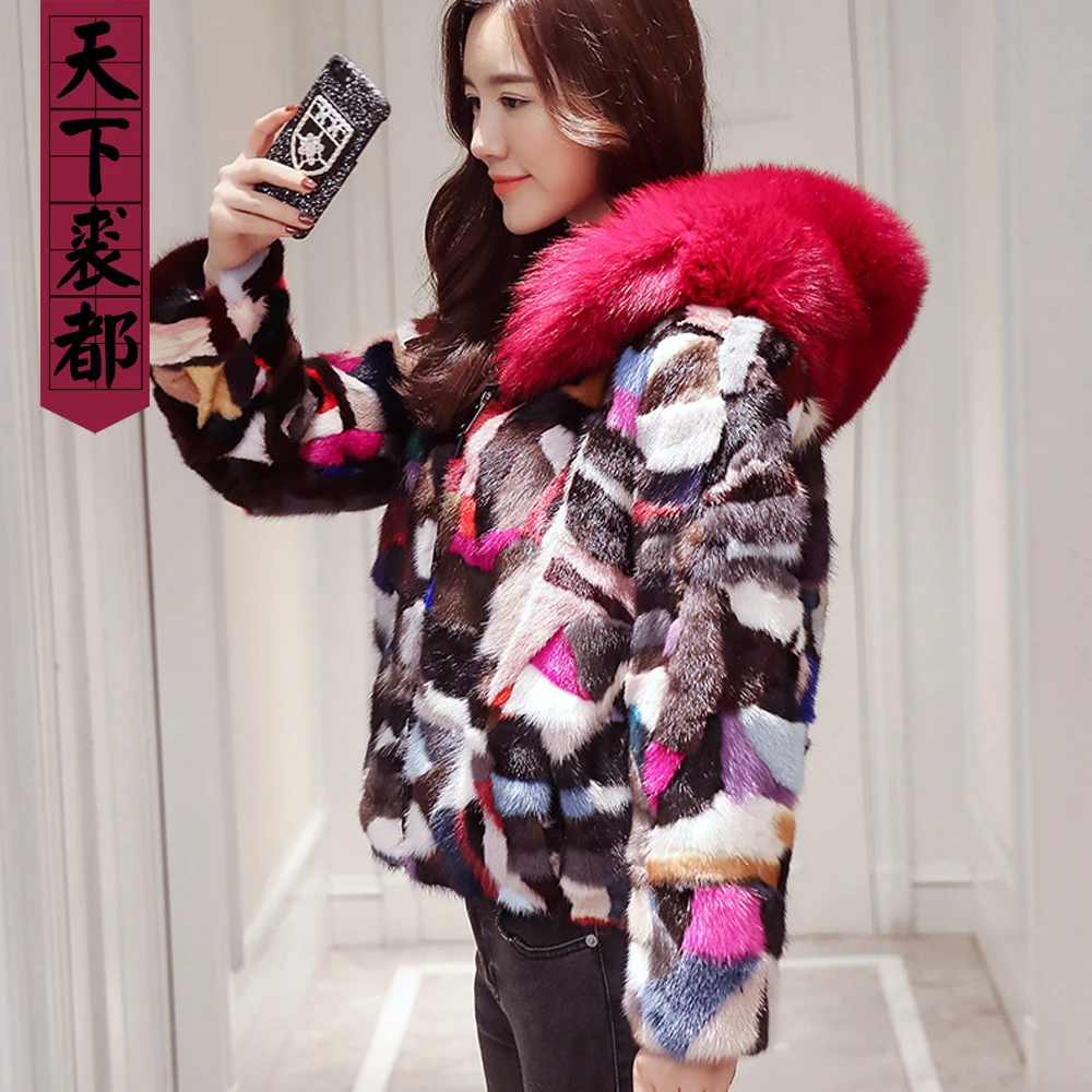 Fashion lady genuine mink fur jacket with big fox fur hooded collar short style real mink fur coat color block