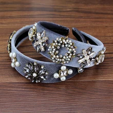 Винтажные элегантные женские аксессуары для волос, широкая серая бархатная повязка на голову с цветком и стразами, повязка на голову для танцевальной вечеринки