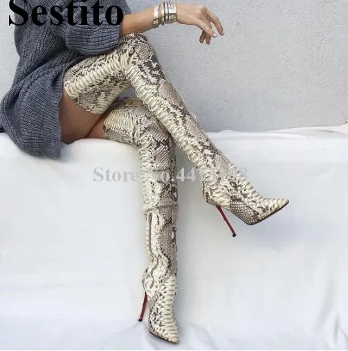 

Sestito Women Long Boots Sexy Snakeskin Pattern Pointed Toe Over The Knee Boots Women Side Zipper Spring/ Autumn Women Shoes