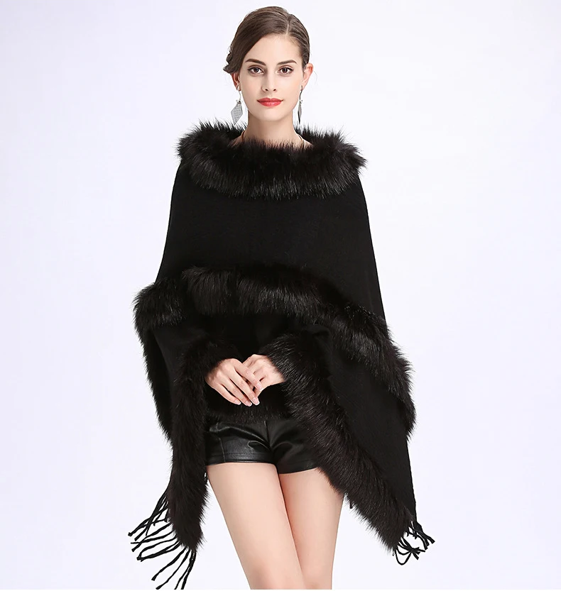 2018 Autumn Winter New Occident Fur Round Collar Cashmere Fox Poncho Shawl Cape Women Tassels Pullover Cloak Coat Cloke |