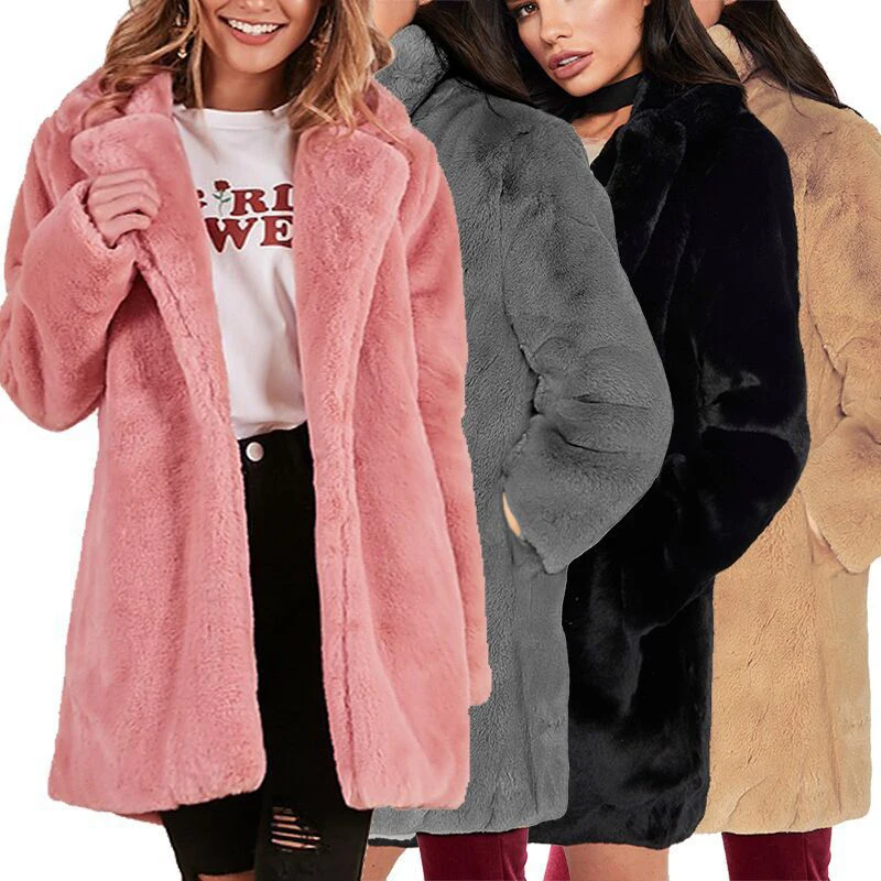 Missufe/пальто из искусственного меха для женщин, длинный рукав, теплая, средней длины, однотонная куртка, плюс размер, зимнее пальто с мехом, кардиган, верхняя одежда с кроличьим мехом