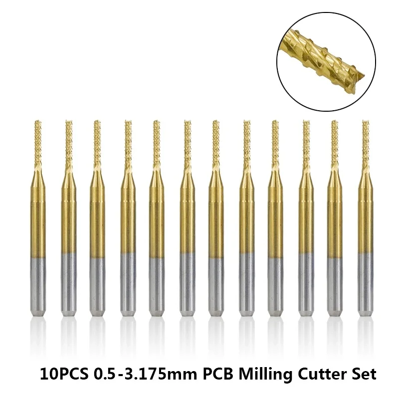 10pcs 0.5-3.175mm Titanium Coated PCB Milling Cutter Set Carbide CNC End Mills For Engraving Machine End Milling Cutter